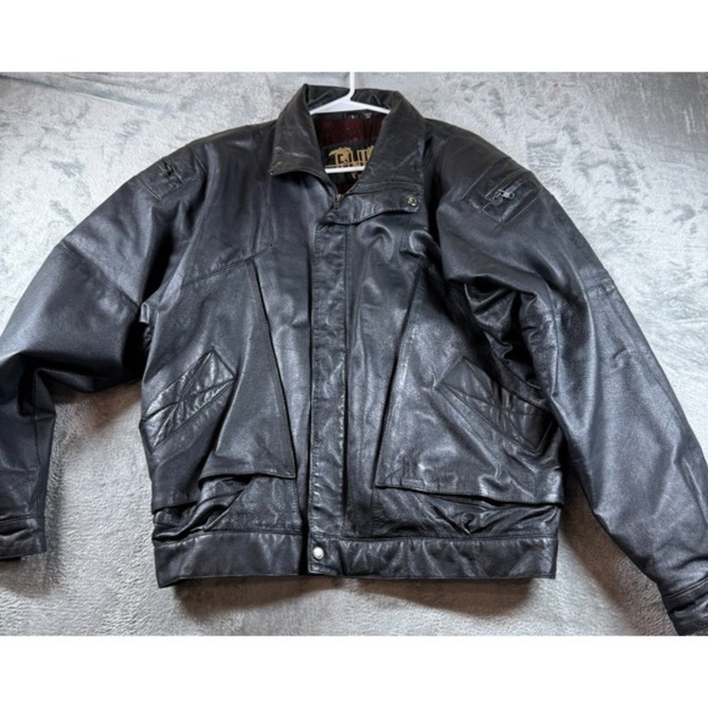 Fluid International Black Leather Bomber Jacket Men's L Zip Pockets Lined